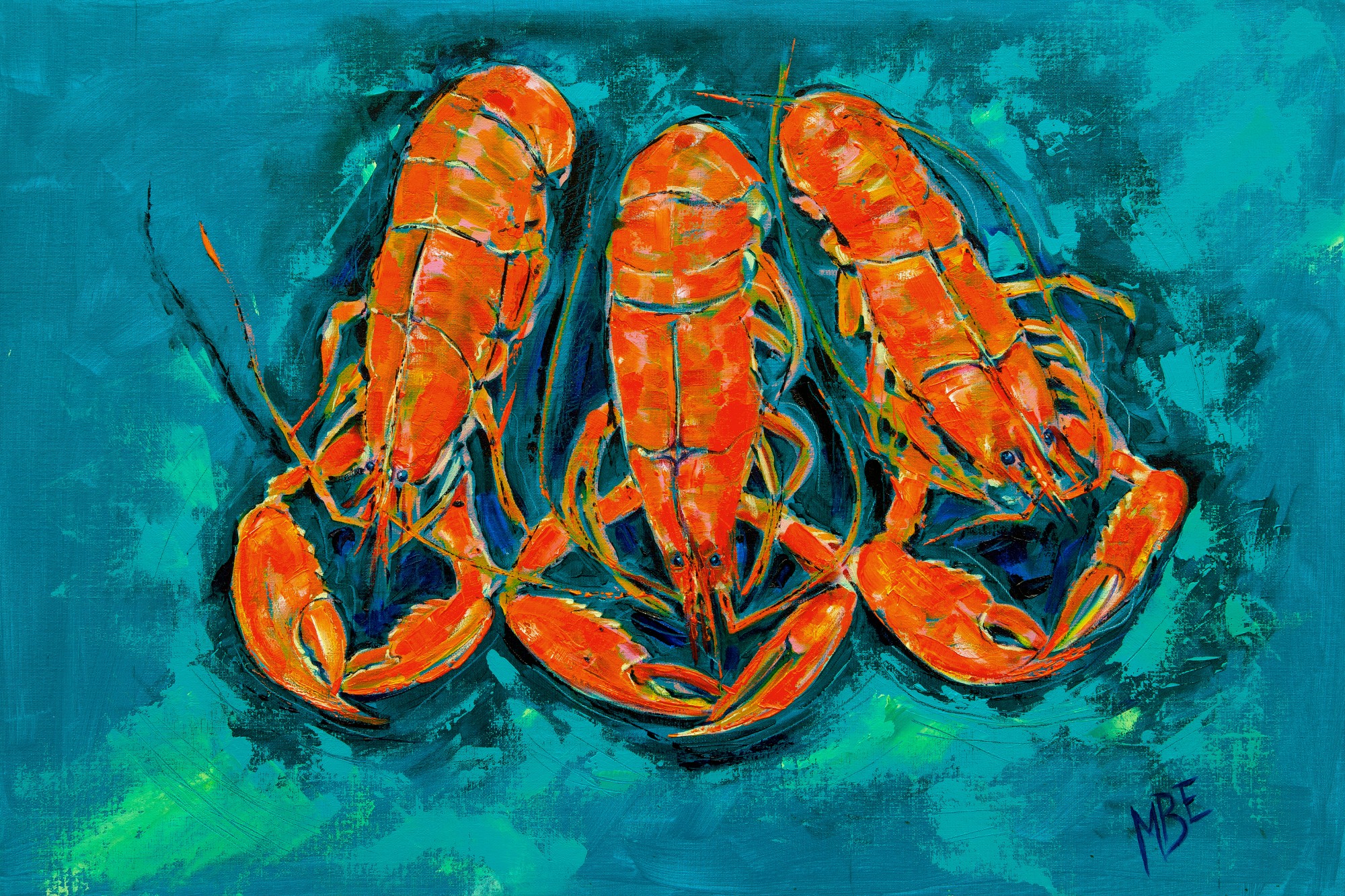 Trio of Lobster Oil on Board Madeleine Braithwaite-Exley
