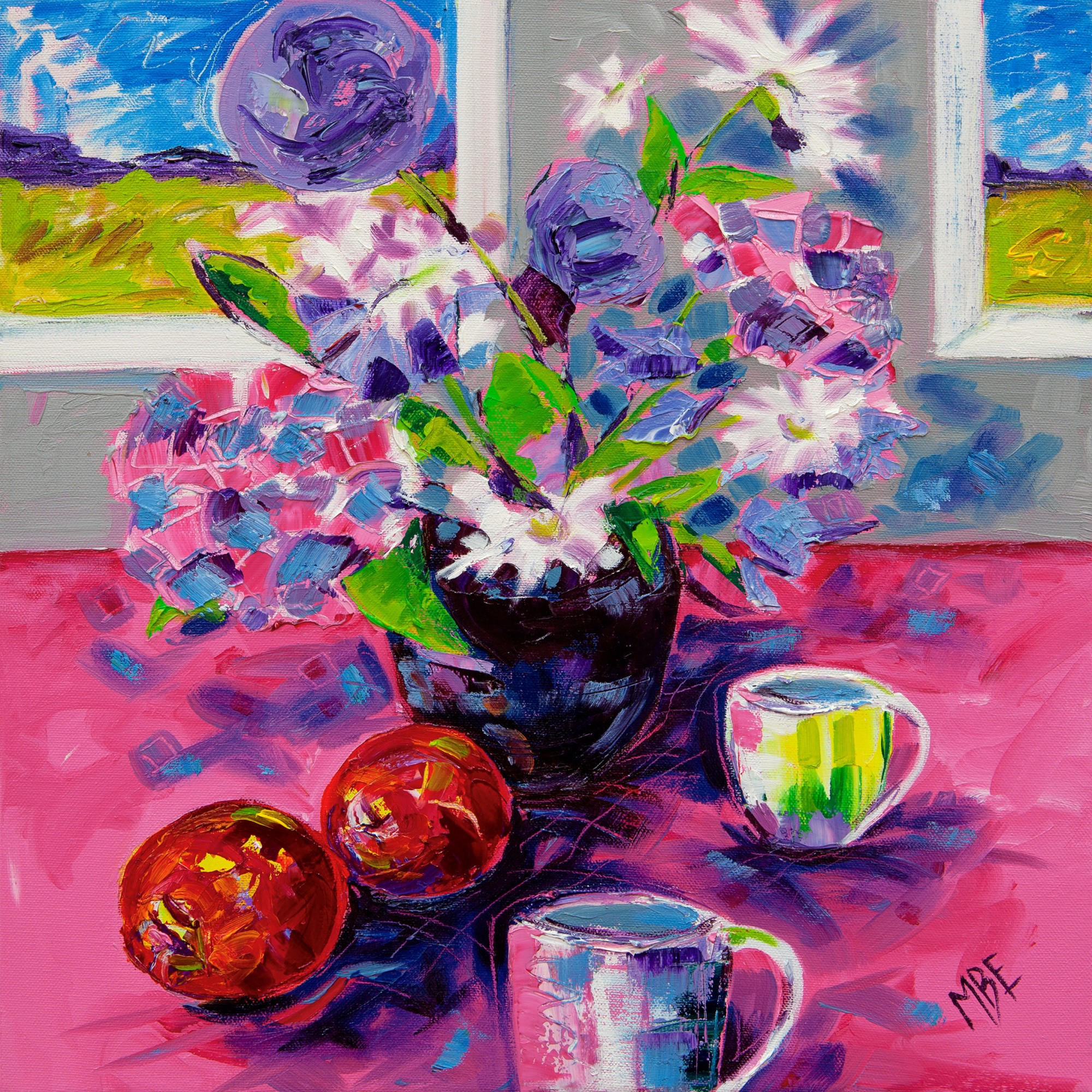 Daisies, Nectarines  & Mugs Oil on Deep Edge Canvas Madeleine Braithwaite-Exley