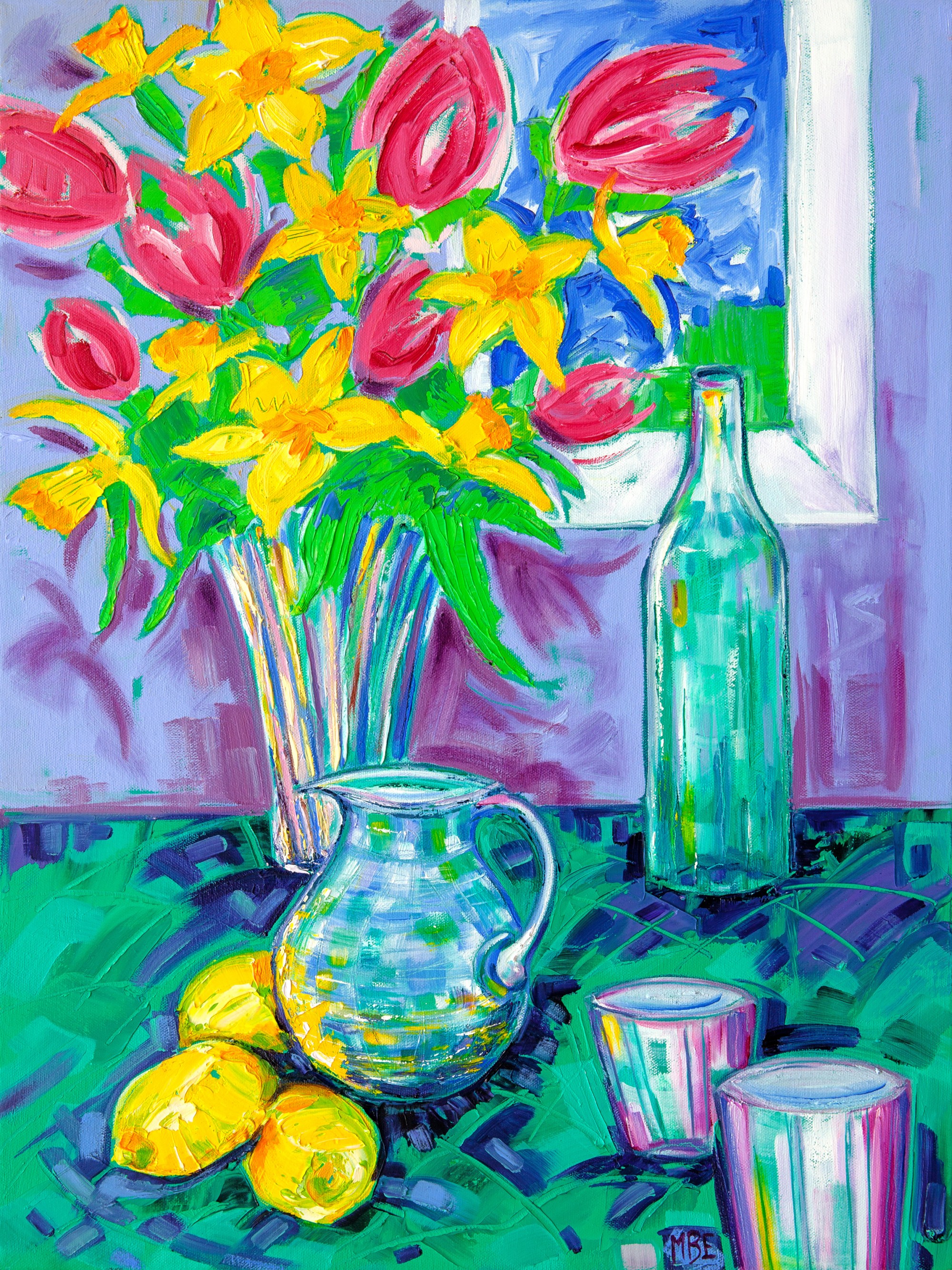 Daffodils, Tulips, Jug & Lemons Oil on Deep Edge Canvas Madeleine Braithwaite-Exley