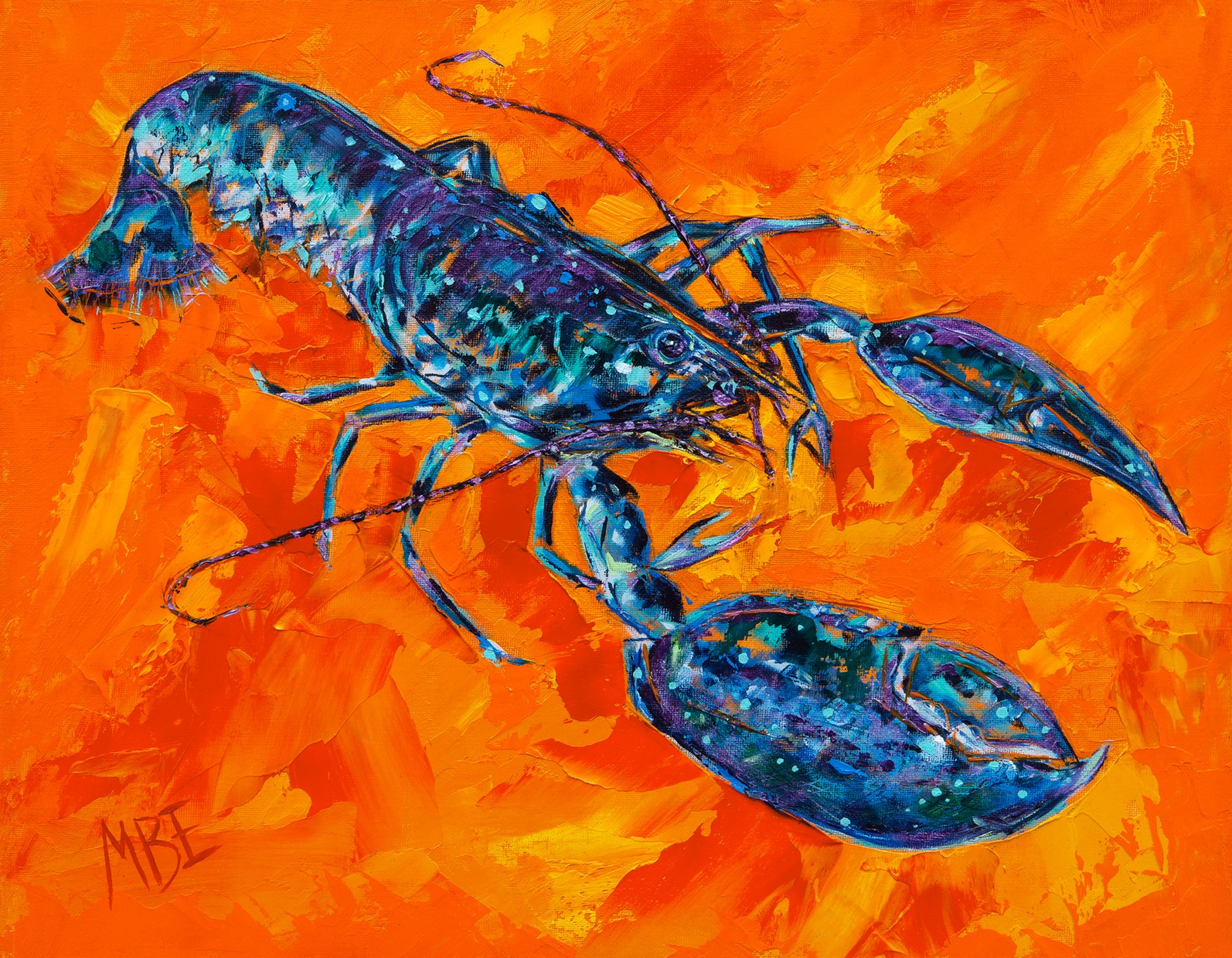 Blue Lobster on Orange Oil on Board Madeleine Braithwaite-Exley