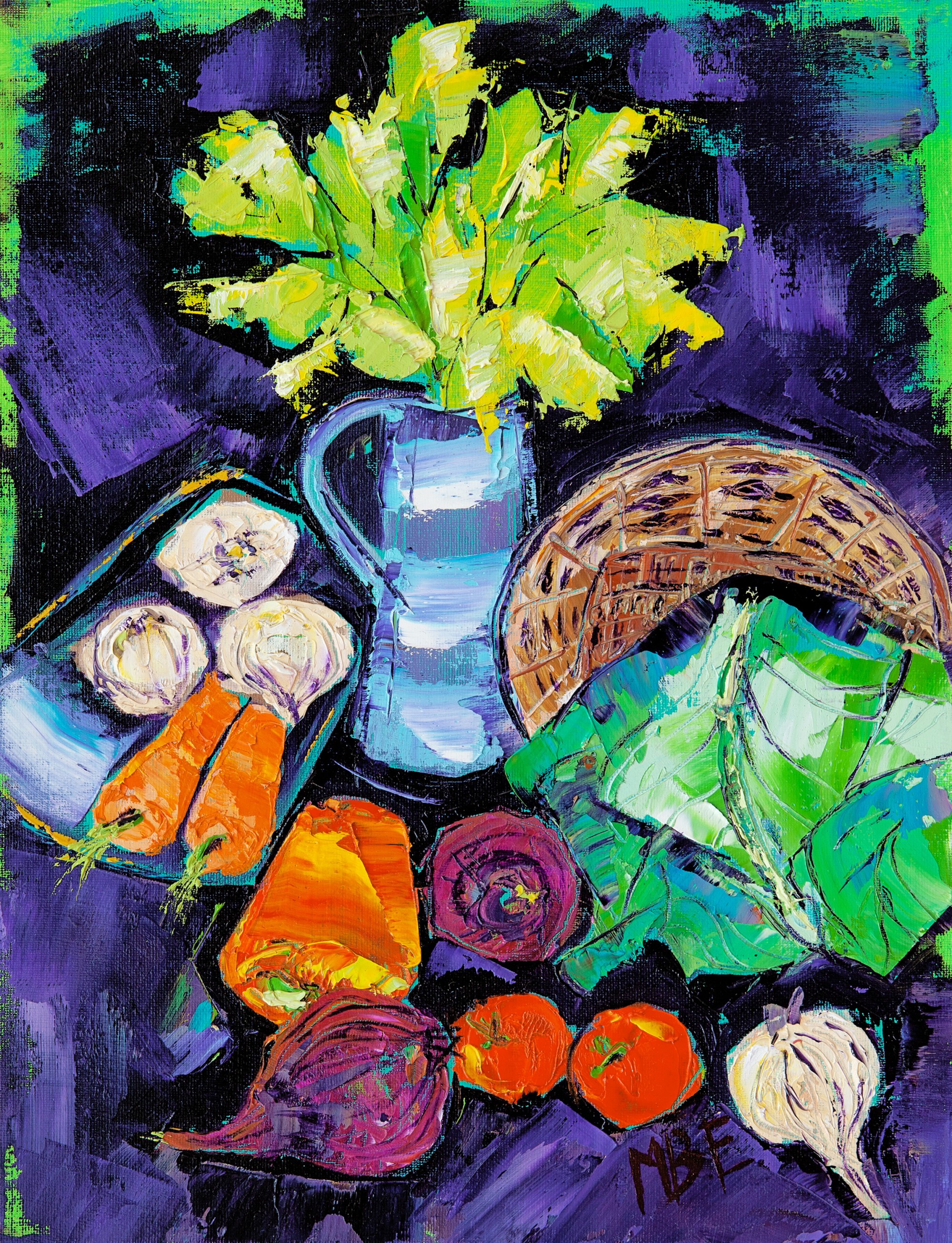 Garden Vegetables and  Blue Jug Oil on Board Madeleine Braithwaite-Exley